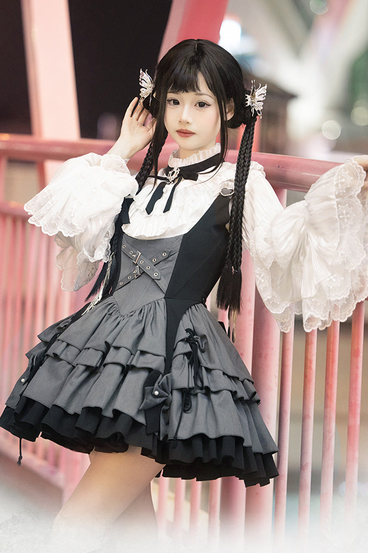 Black/Grey Machinist Sleeveless Multi-Layered Ruffle Bowknot Classic College Style Lolita Dress