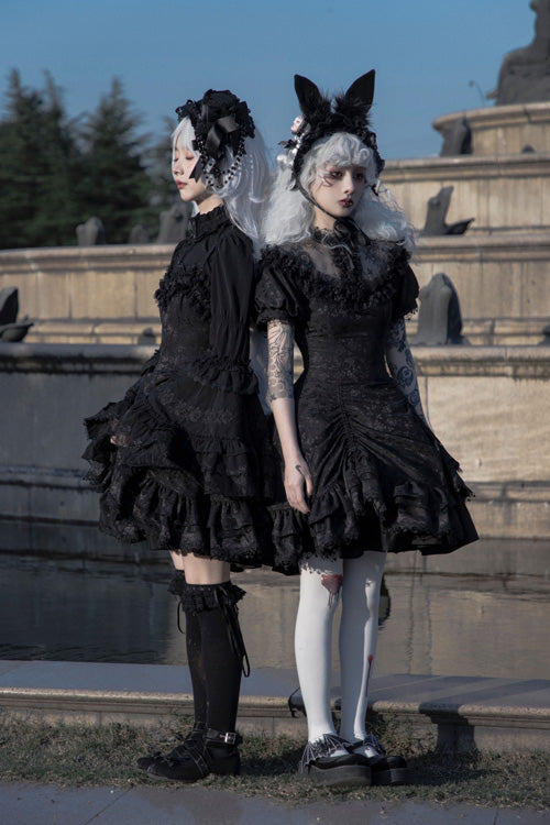 Dark Black High Waisted Ruffled Hanayome Gothic Lolita Dress