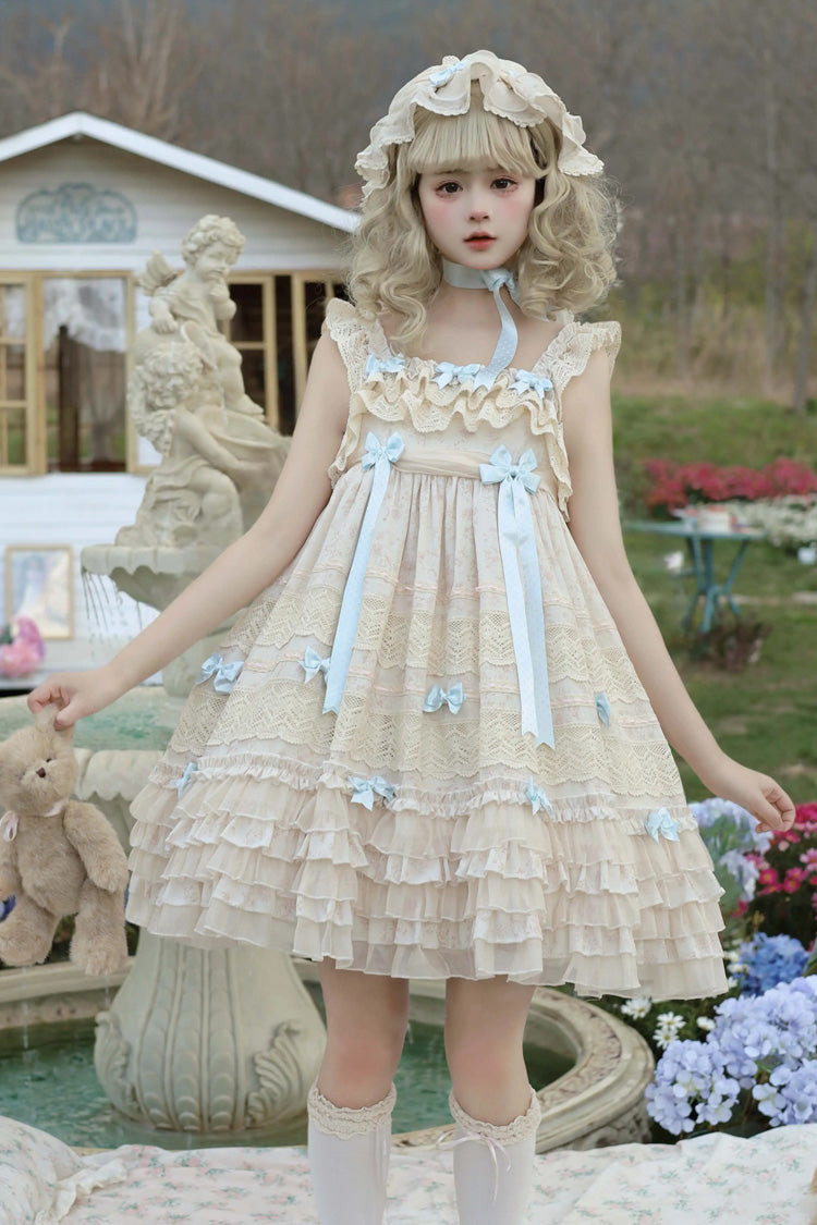 Beige Little Wind Chime Sleeveless Multi-Layered Printed Ruffled Bow Lace Sweet Elegant Princess Lolita Jsk Dress