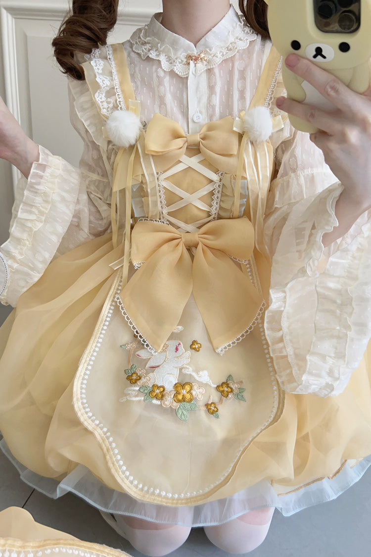 Yellow Moon Rabbit Shadow Embroidery Ruffle Bowknot Lace Sweet Lolita Jsk Dress
