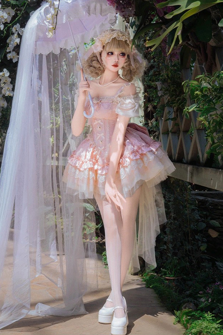 Pink Fleeting Light and Shallow Dream Sleeveless Multi-Layered Ruffle Bowknot Lace Slim Sweet Ballet Lolita Jsk Dress