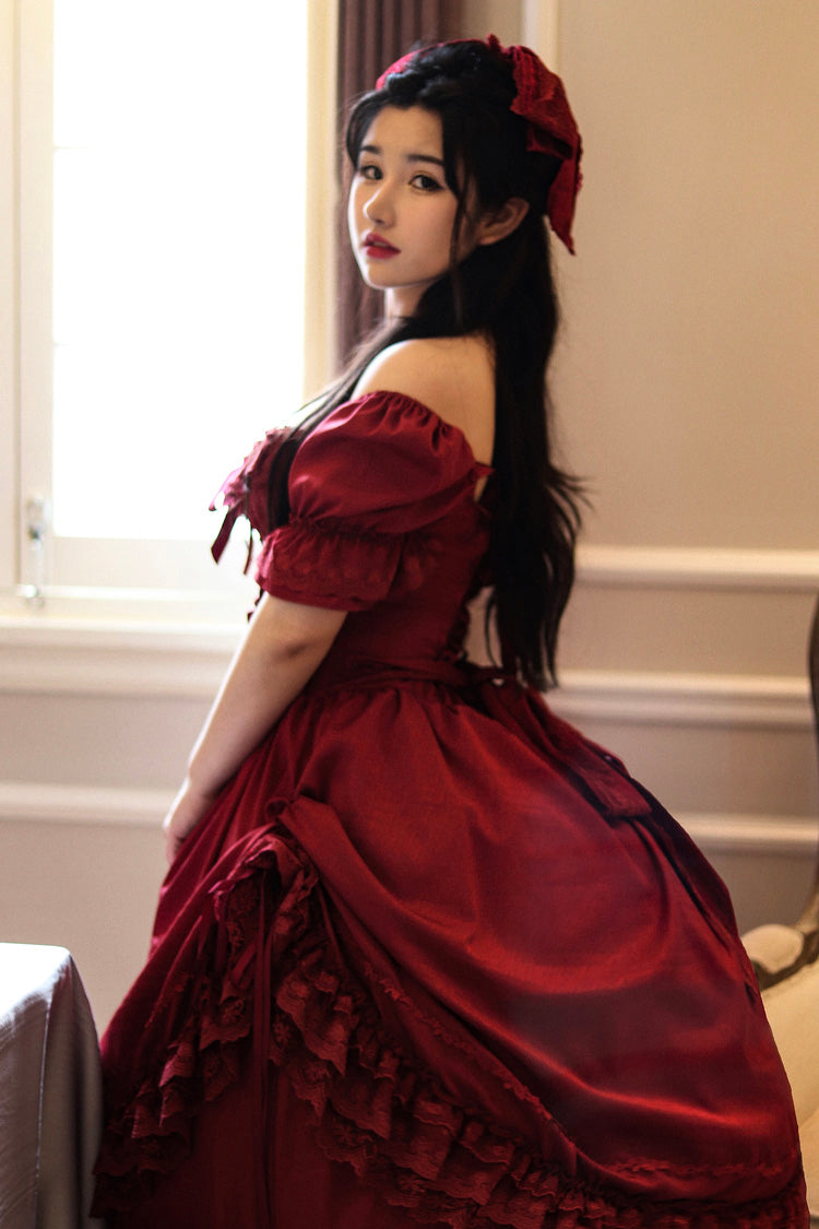 Red Short Puff Sleeves Multi-Layered Ruffle Bowknot Classic Vintage Lolita Dress