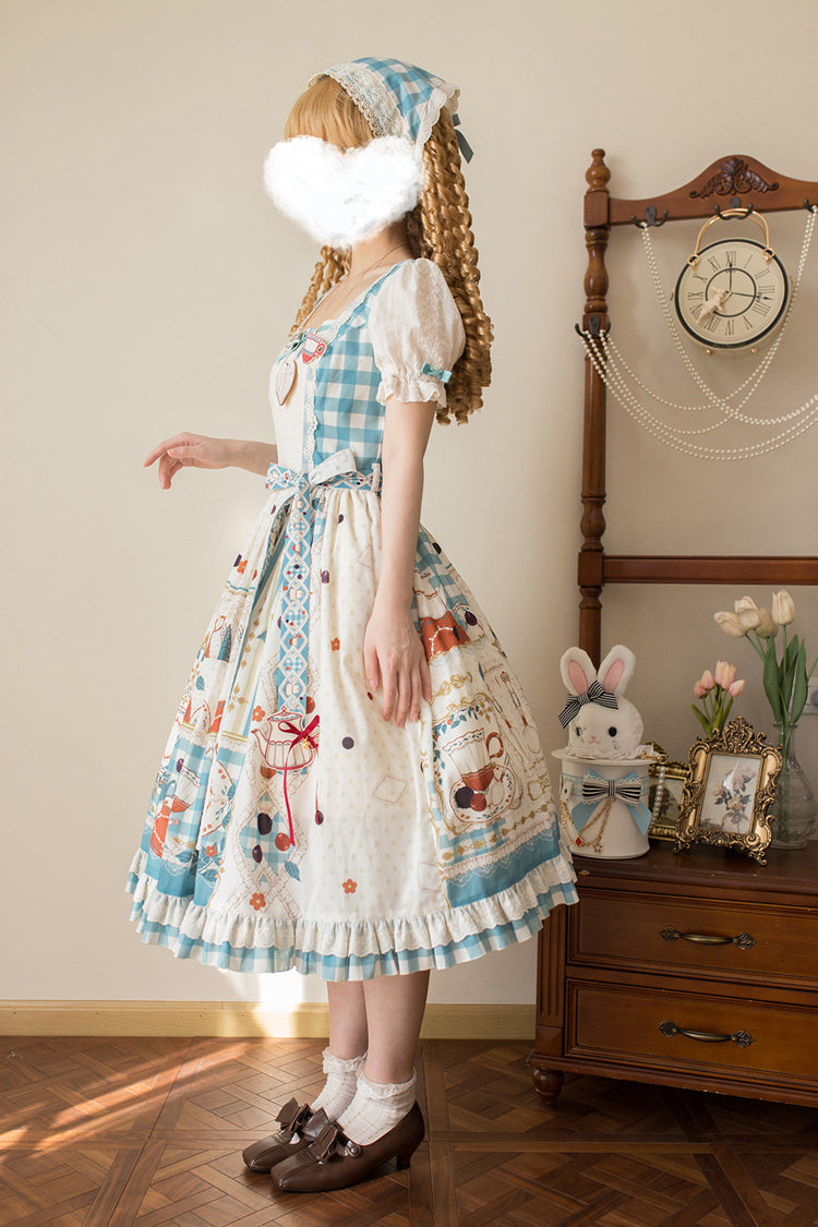 Blue/Green Tea Party Short Sleeves Print Ruffle Bowknot Lace Sweet Elegant Lolita Dress
