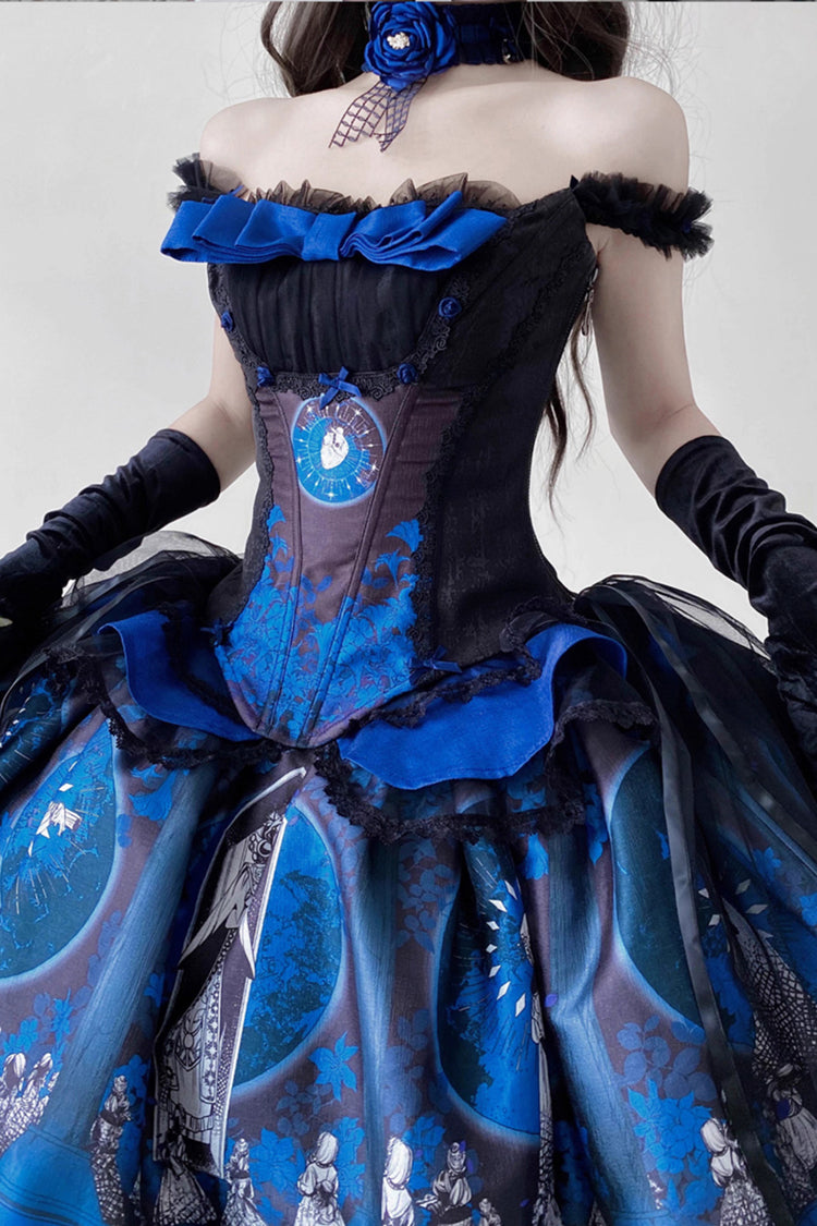 Blue Dark Moon Corridor Print Embroidery Gothic Lolita Dress Skirt