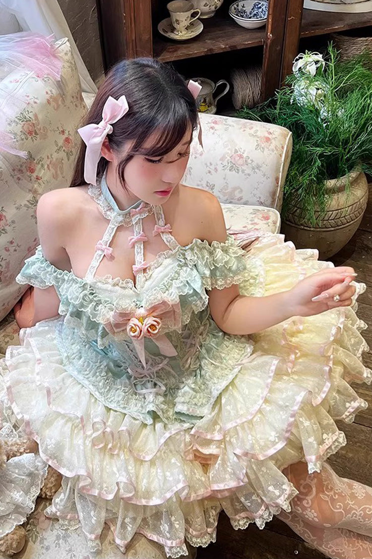 Green Flower Language of Eros Halterneck Multi-Layered Ruffle Bowknot Rose Lace Lace-Up Sweet Ballet Lolita Jsk Dress