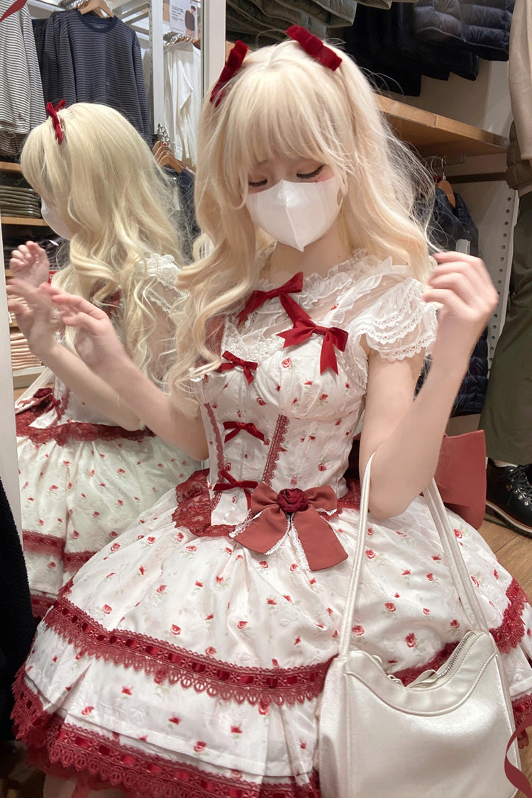 Wine Red First Love Rose Multi-Layered Print Ruffle Bowknot Lace Sweet Lolita Jsk Dress Set