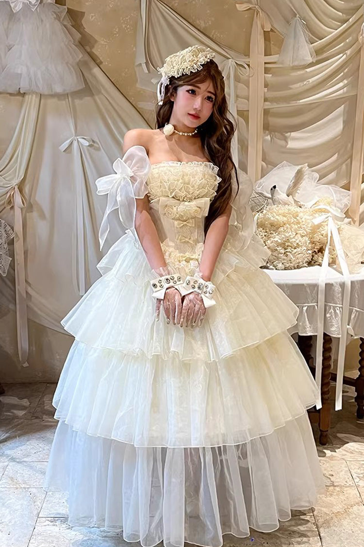 Beige Mousse Serenade Triple-Layered Ruffled Hanayome Bow Lace Sweet Princess Lolita Strapless Dress