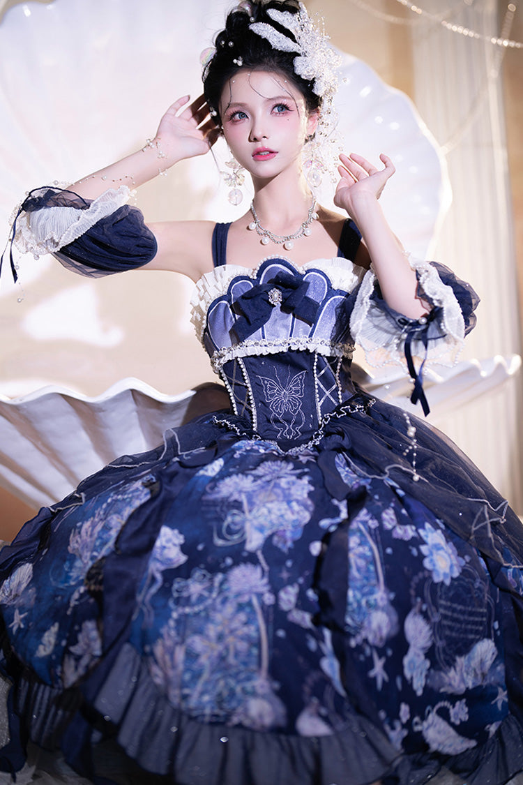 Blue Deep Sea Jellyfish Print Ruffle Lace Sweet Elegant Lolita Jsk Dress