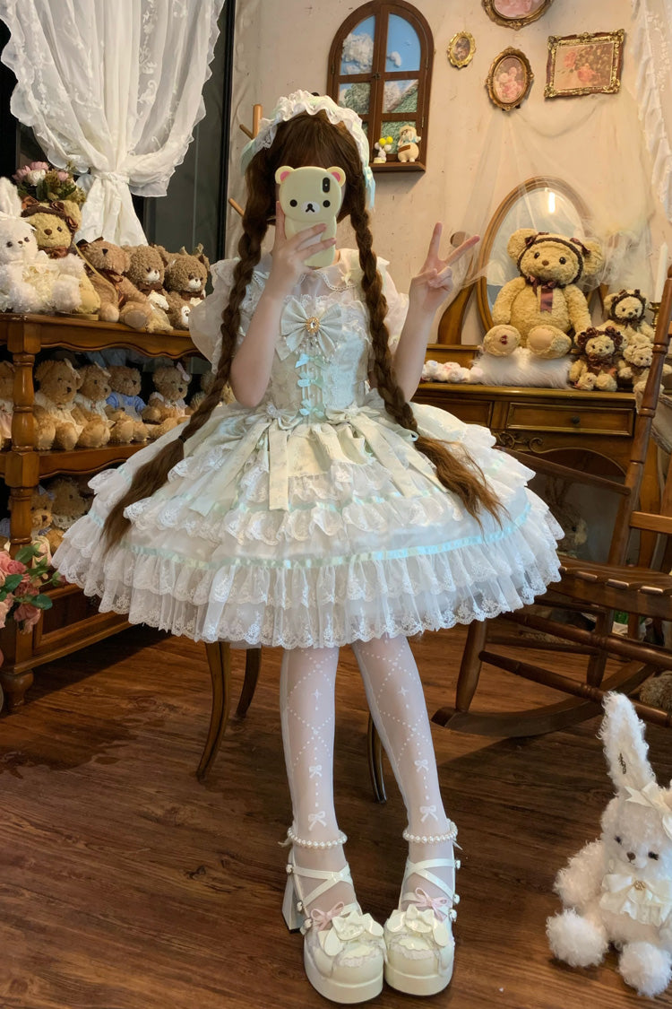 Green Snow Kissed Romance Sleeveless High Waisted Multi-Layered Bowknot Lace Pearl Sweet Ballet Lolita Jsk Dress