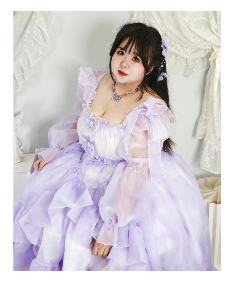Hime Lolita 4XL Plus Size Purple with Ruffled Layers Organza Sleeves