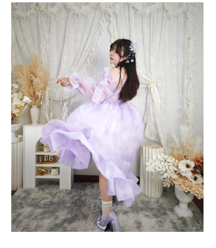 Hime Lolita 4XL Plus Size Purple with Ruffled Layers Organza Sleeves