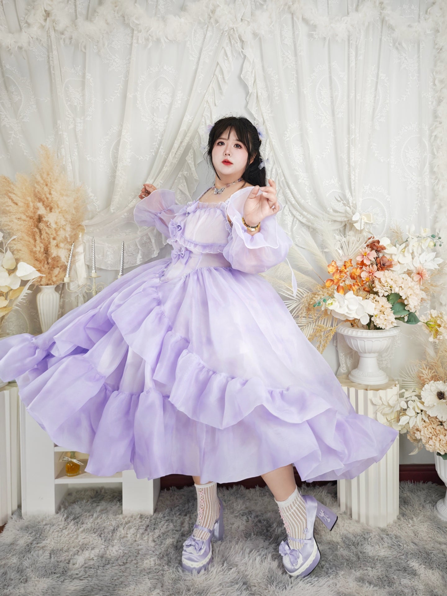 Hime Lolita 4XL Plus Size Purple with Ruffled Layers Organza Sleeves