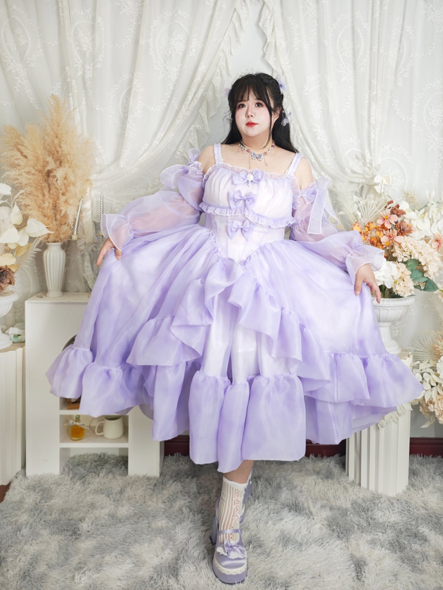 Hime Lolita 4XL Plus Size Purple with Ruffled Layers Organza Sleeves