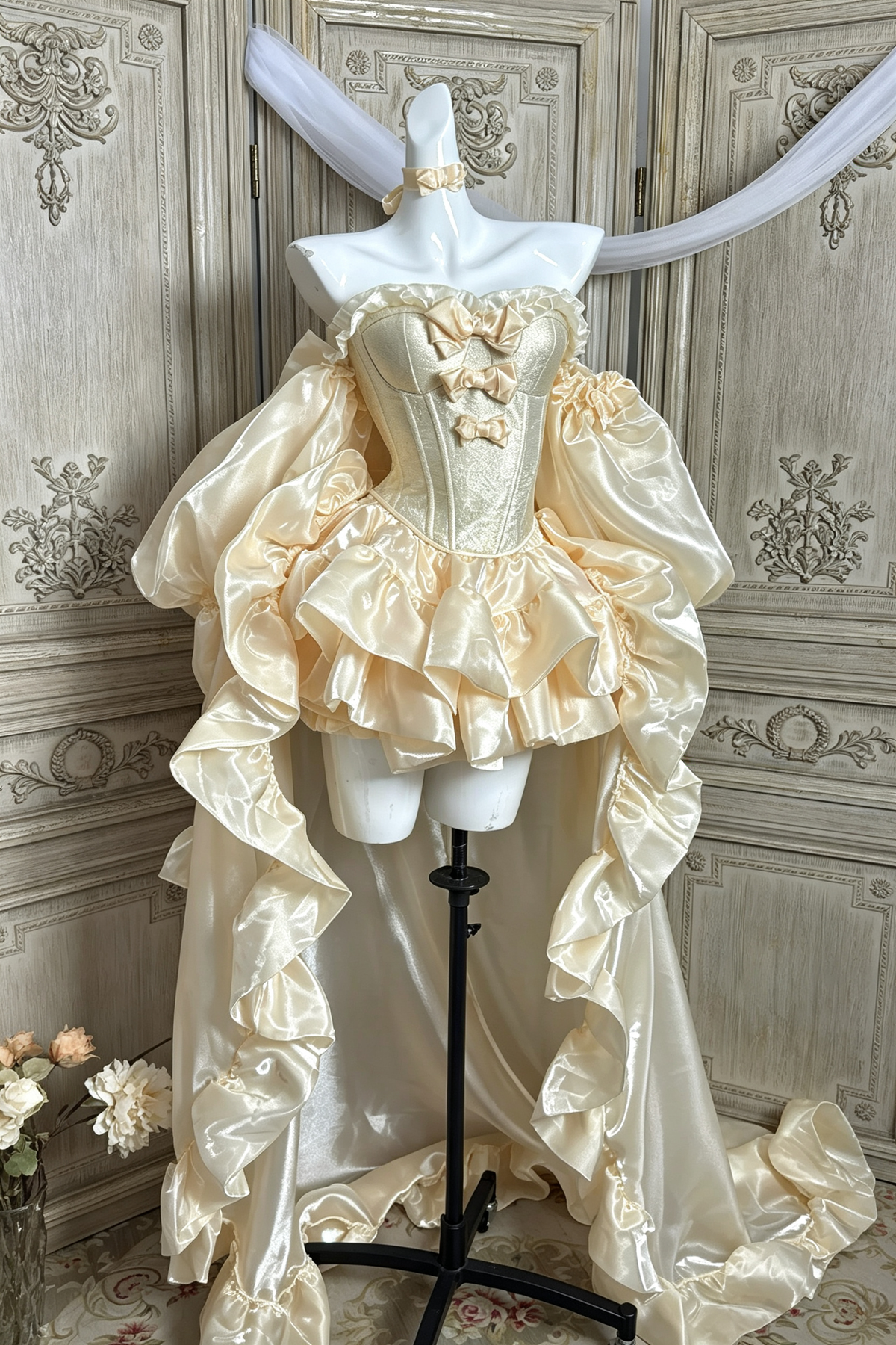 Cream Gold Long Sleeve Ruffled High-Low Train Bowknot Sweet Princess Hime Lolita JSK Dress