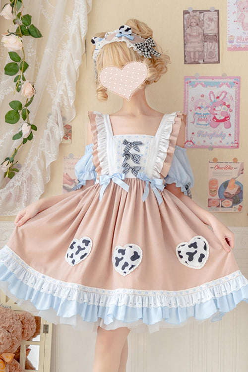 Apricot Pastoral Girl Ruffled Sling Short Sleeves High Waisted Sweet Lolita OP Dress