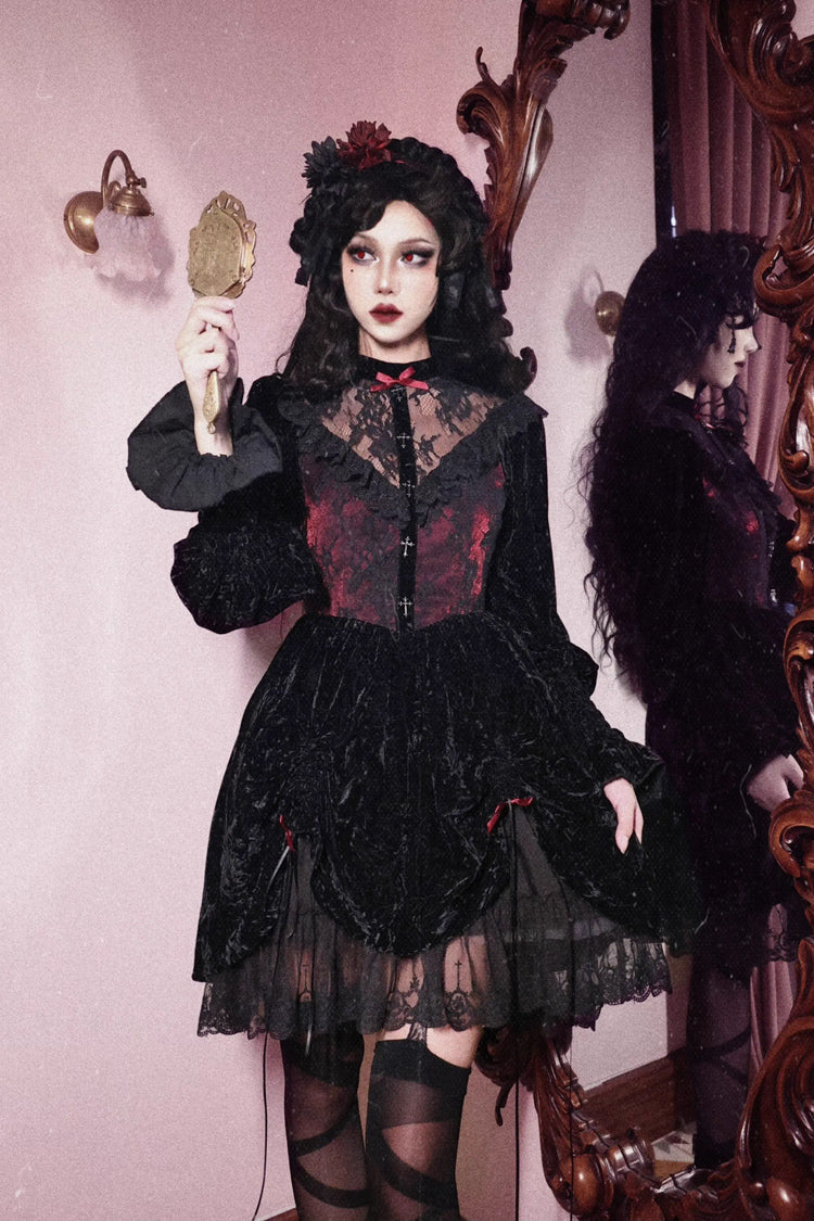 Black/Red Rose Cemetery Long Puff Sleeves Hollow Lace Gothic Lolita Dress