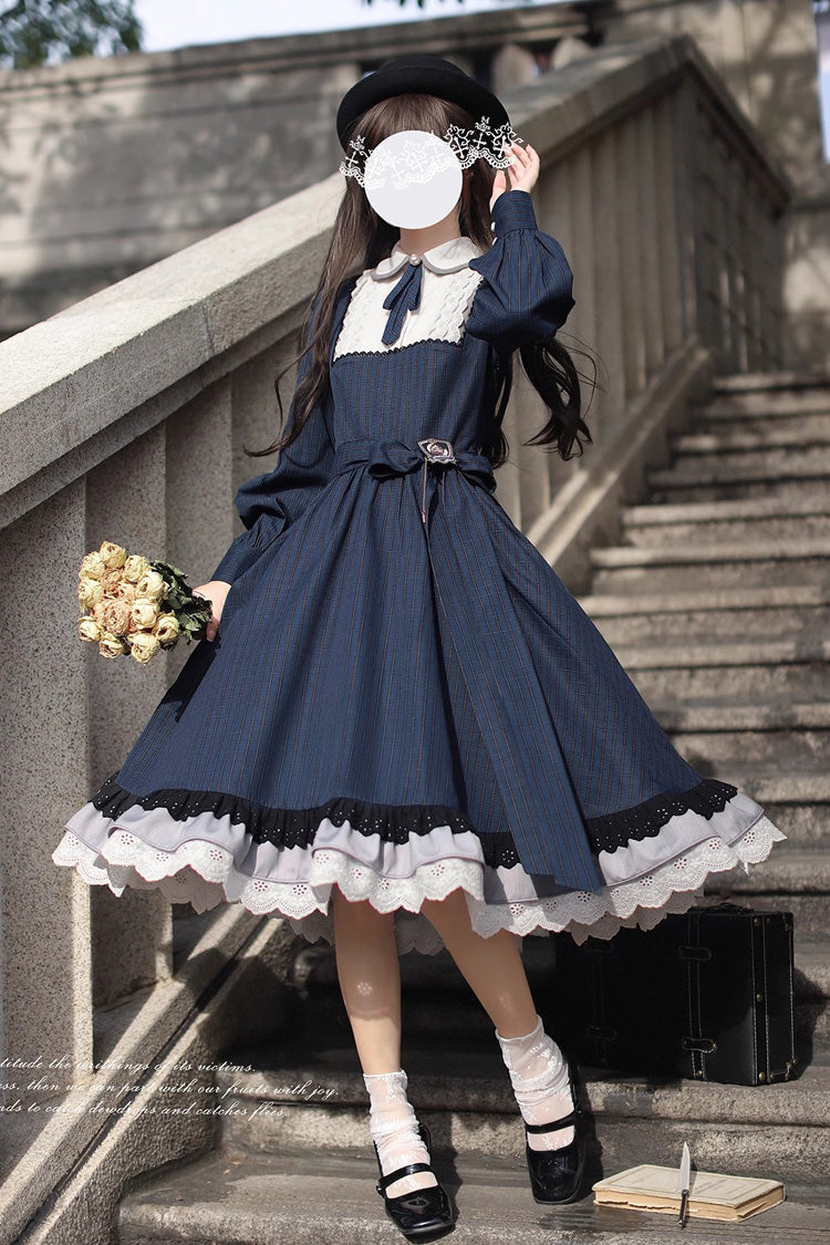 Dark Blue Phyllis Plaid Print Ruffle Bowknot Lace Vintage Elegant Lolita Dress