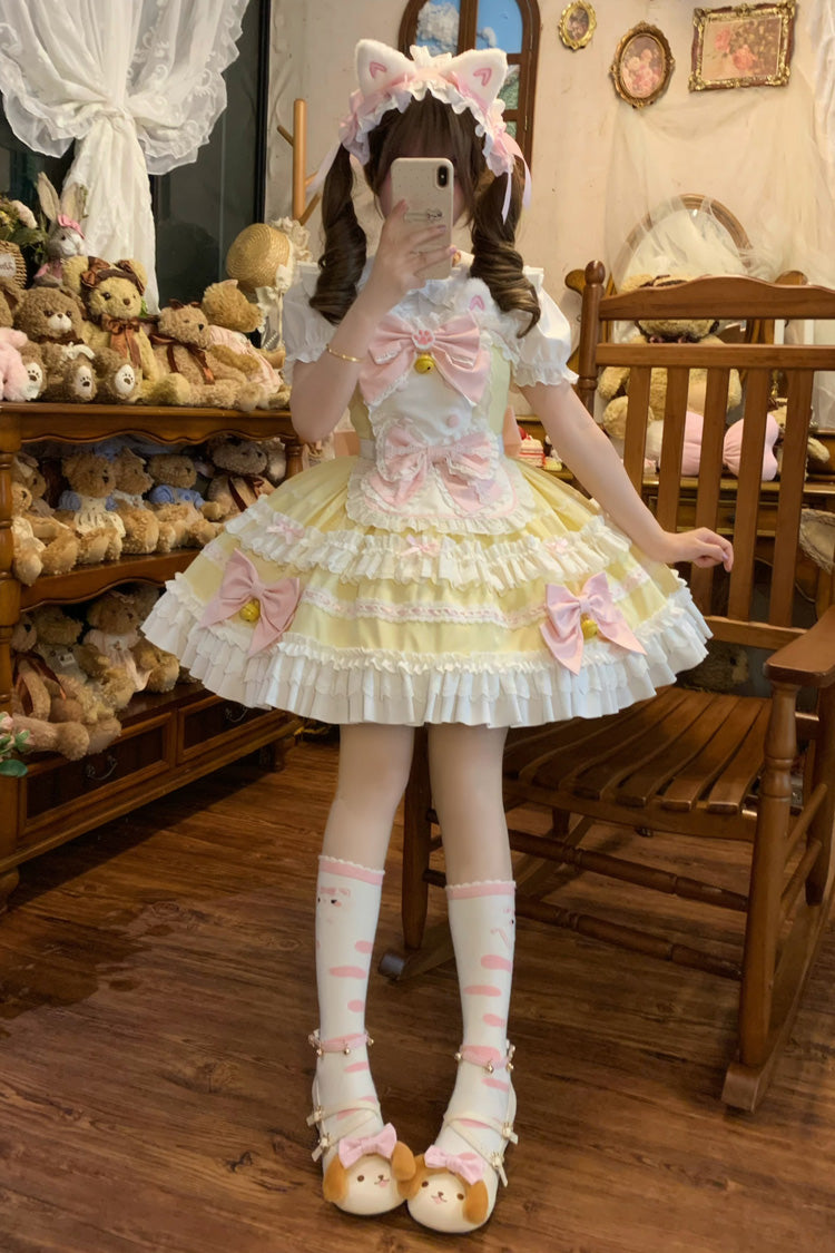 Yellow Meowling Sweet Maid Sleeveless Multi-Layered Ruffle Bowknot Lace Sweet Princess Lolita Jsk Dress