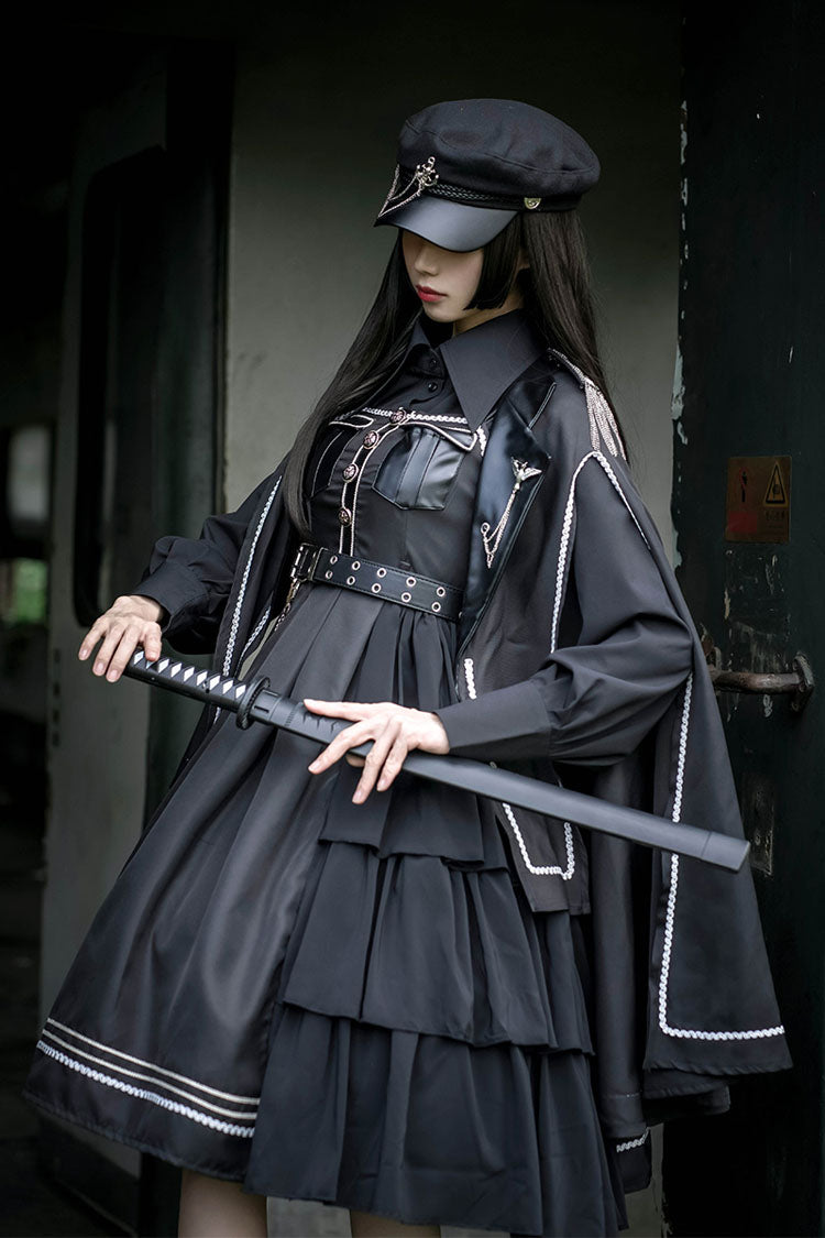 Dark V Neck Bowknot Rivets Epaulettes Sleeveless Military Uniform PU Gothic Lolita Jsk Dress