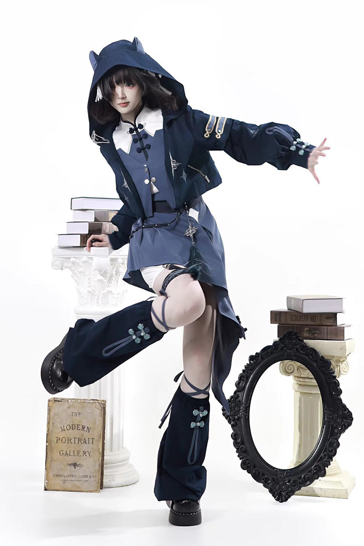 Blue Indigo Shadow Journey Stand Collar Long Sleeves Embroidered Hooded Asymmetric Punk Ouji Lolita Dress Four-Piece Set