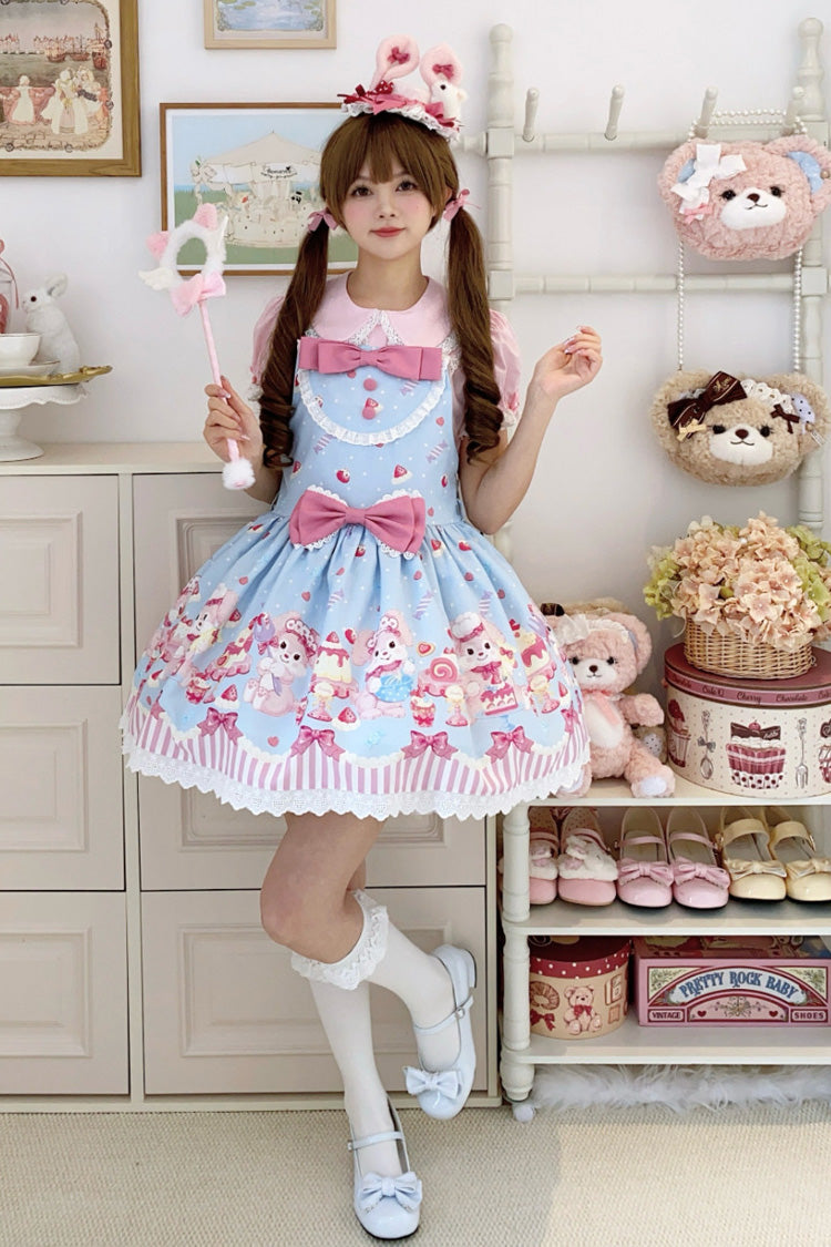 Blue/Pink Cupid Bunny Printed Sleeveless Bow Sweet Princess Lolita Strap Dress