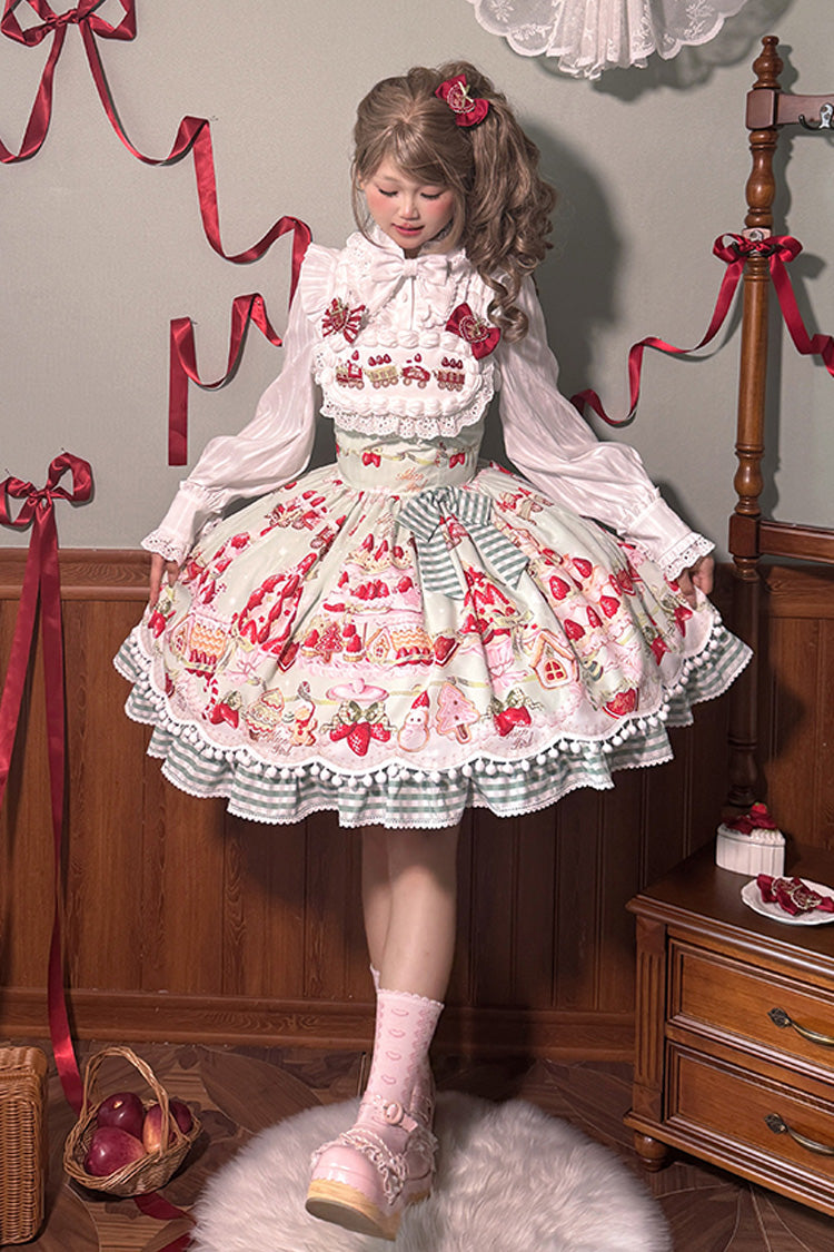 Mint Strawberry Dessert Print Natural Waisted Ruffle Bowknot Sweet Lolita JSK Dress 4 Colors