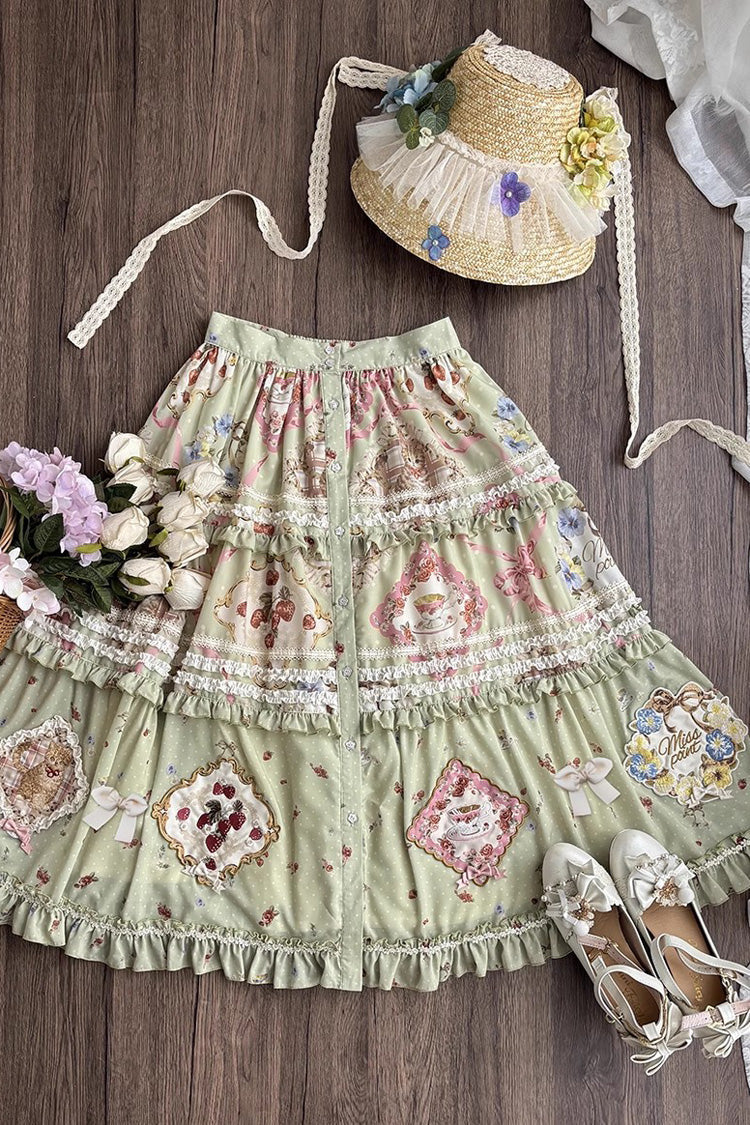 Green Cat Rose Tea Print Ruffle Sweet Gorgeous Lolita Skirt