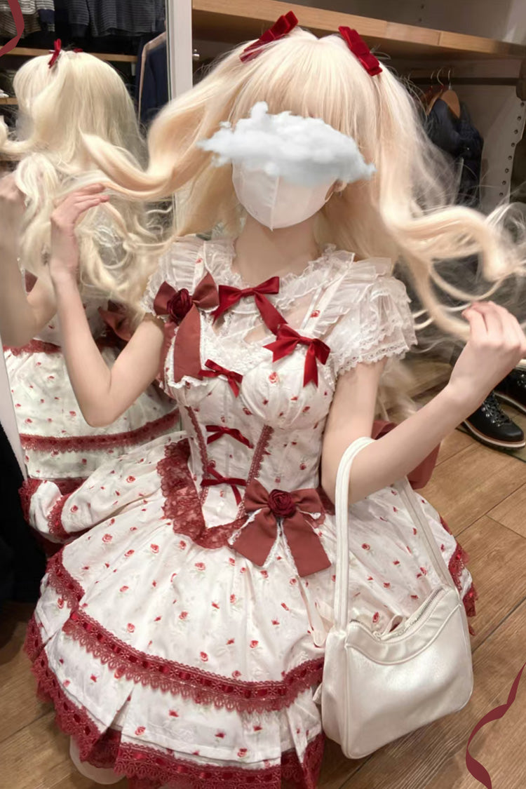 Wine Red First Love Rose Multi-Layered Print Ruffle Bowknot Lace Sweet Lolita Jsk Dress Set
