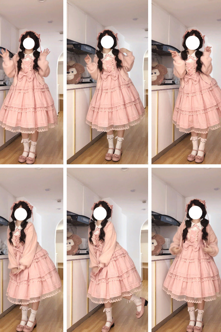 Pink First Love Triple-Layered Ruffle Bowknot Lace Sweet Lolita Jsk Dress