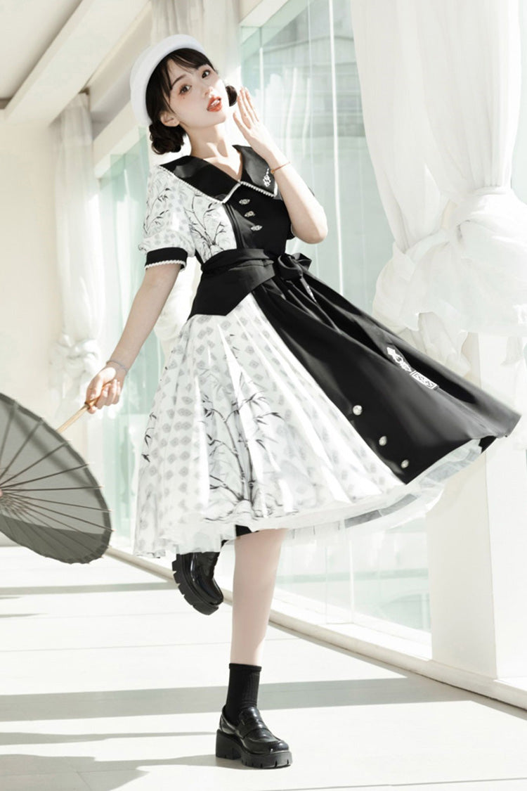 Black/White Stitching Chinese Style Bamboo Print High Waisted Sweet Lolita Dress