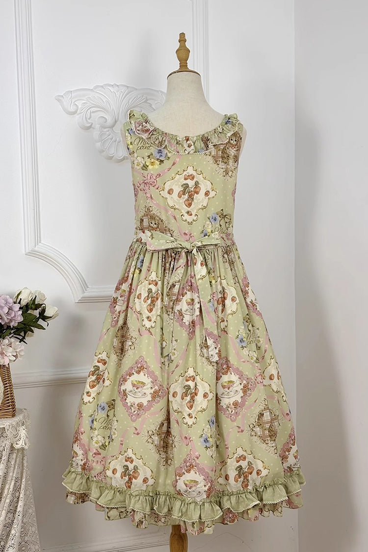 Green Cat Rose Tea Sleeveless Print Ruffle Bowknot Sweet Lolita Jsk Dress