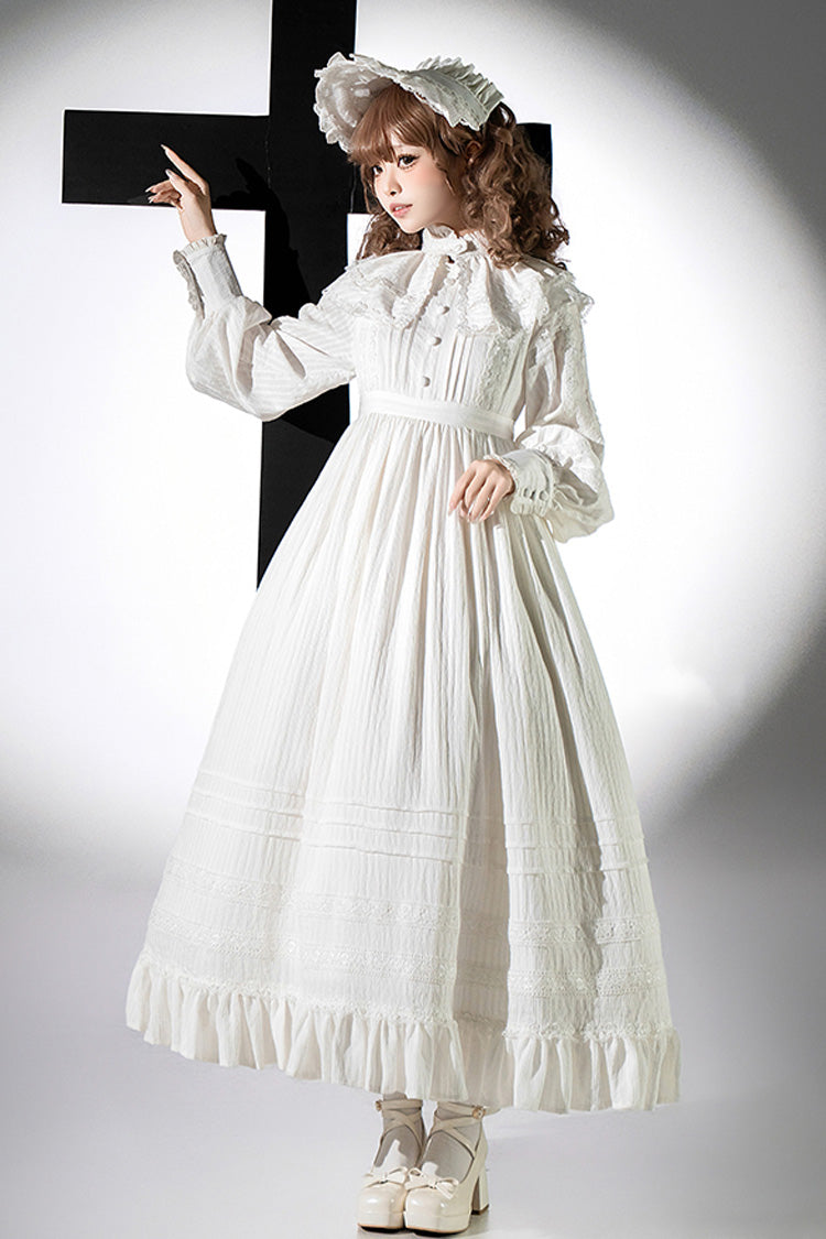 White Quiet Place Long Sleeves Jacquard Ruffle Embroidery Bowknot Gothic Lolita Dress