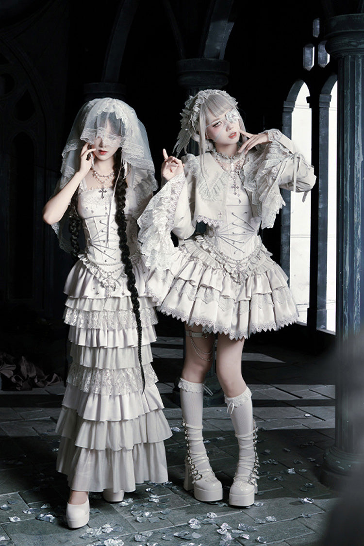 Solid Color Bionic Doll Square Collar Multi-Layered Ruffle Bowknot Lace-Up Gothic Lolita Fishtail Skirt Corset Set