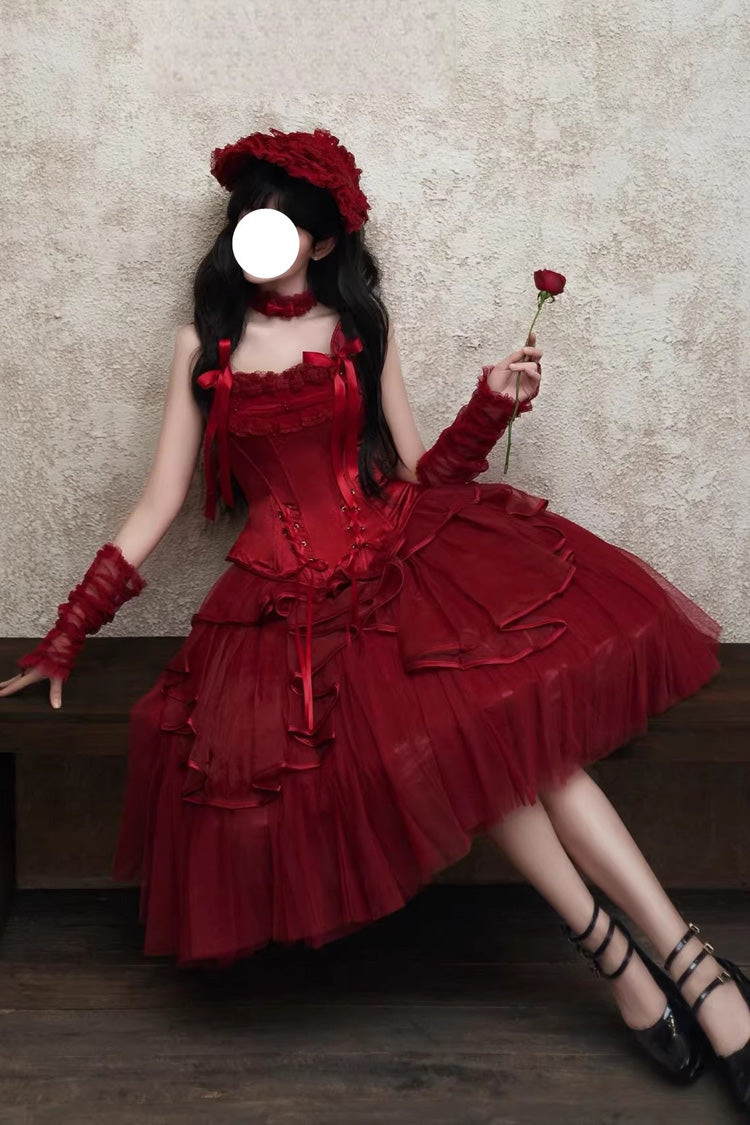 Red The Summer Waves Sparkle Square Collar Sleeveless Multi-Layered Ruffled Bow Lace-Up Slim Classic Lolita Skirt Set