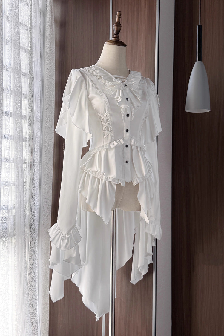 Echoes of the Deep Sea Long Hime Sleeves Ruffled Bow Lace-Up Gothic Ouji Lolita Blouse 4 Colors
