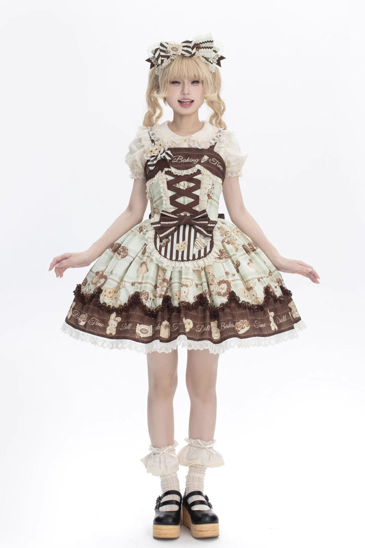 Doll Tea Party Sleeveless Print Ruffle Bowknot Lace-Up Sweet Lolita Jsk Dress 3 Colors