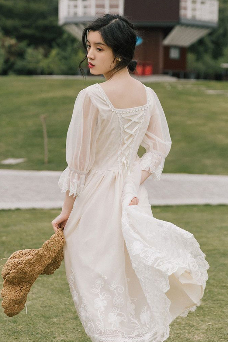 White Lantern Half Sleeves Lace Floral Embroidery Print Sweet Lolita Op Dress