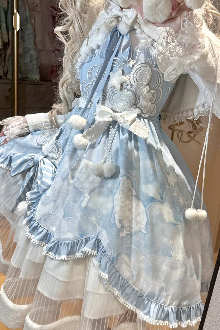 Blue Cloud Dreamland Cut-Out Embroidered Bow Lace Asymmetric Sweet Elegant Lolita Jsk Dress Set