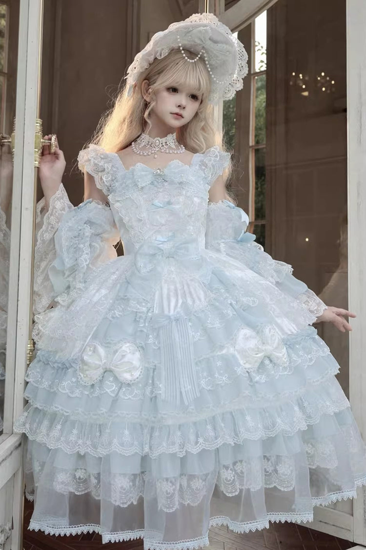 Blue Prelude of Spring Sleeveless Multi-Layered Ruffled Bow Lace Sweet Princess Lolita Jsk Dress