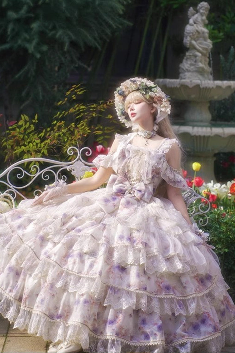 Blue Rose Letter Off Shoulder Triple-Layered Print Ruffle Hanayome Sweet Princess Lolita Dress