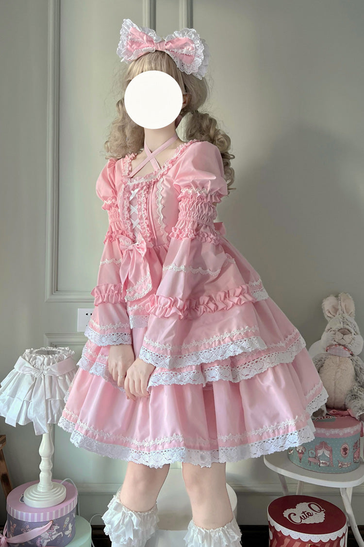 Pink Triple-Layered Detachable Sleeves Bowknot Lace-Up Sweet Lolita Dress