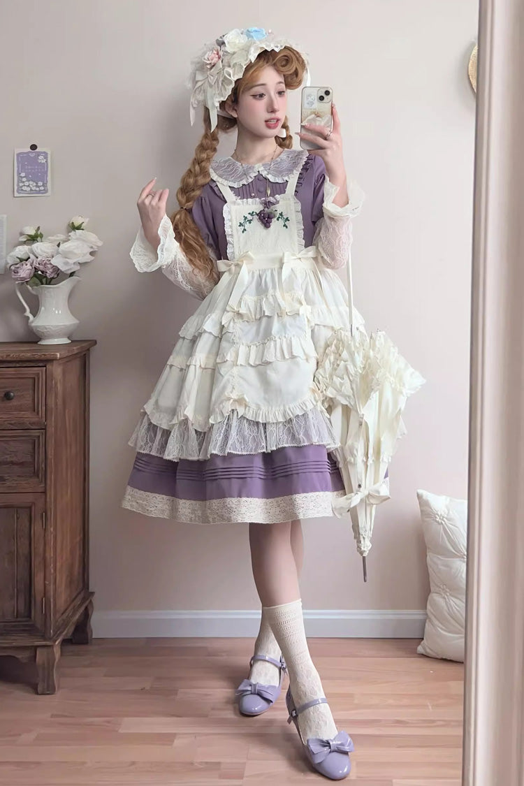 Purple Mist over Flowers Along the Path Lapel Collar Long Sleeves Embroidery Bowknot Lace Sweet Lolita Dress
