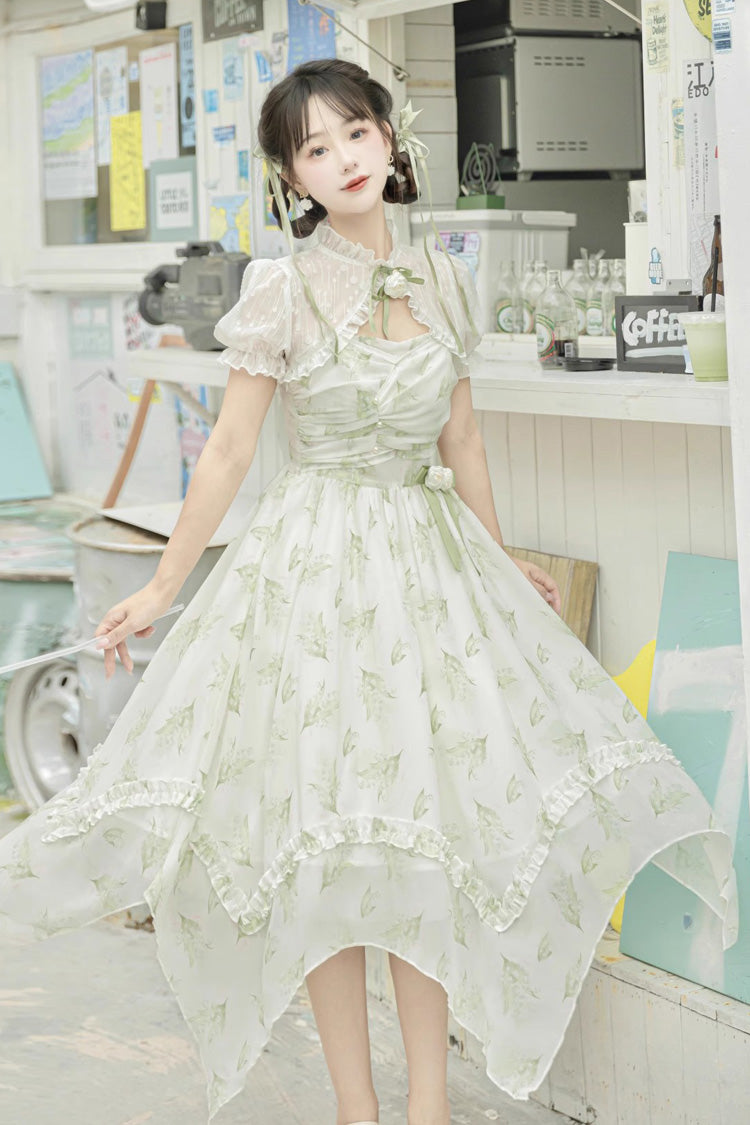 Lily of the Valley Spring Short Sleeves Jacquard Print Bowknot Irregular Sweet Lolita Jsk Dress