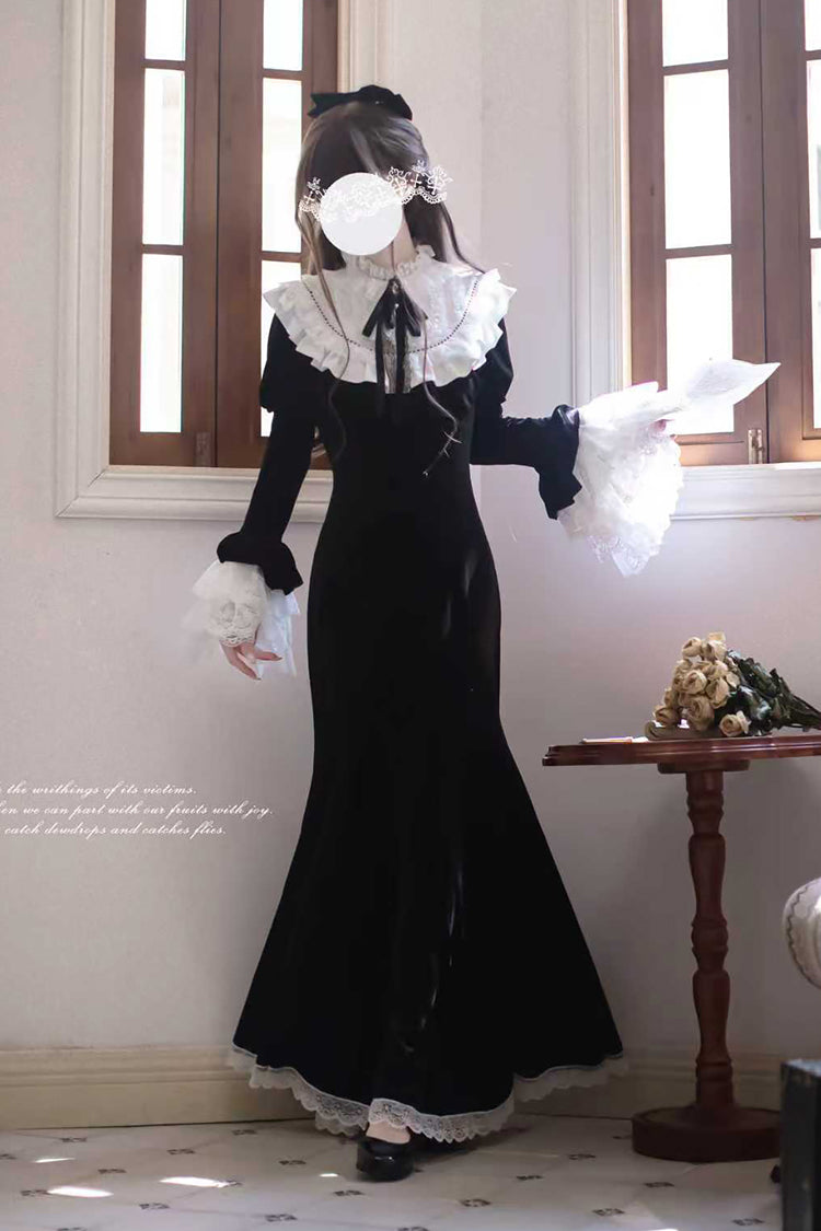 Black Raven-Feather Poetic Letter Velvet Long Hime Sleeves Ruffle Bowknot Gothic Elegant Lolita Fishtail Dress