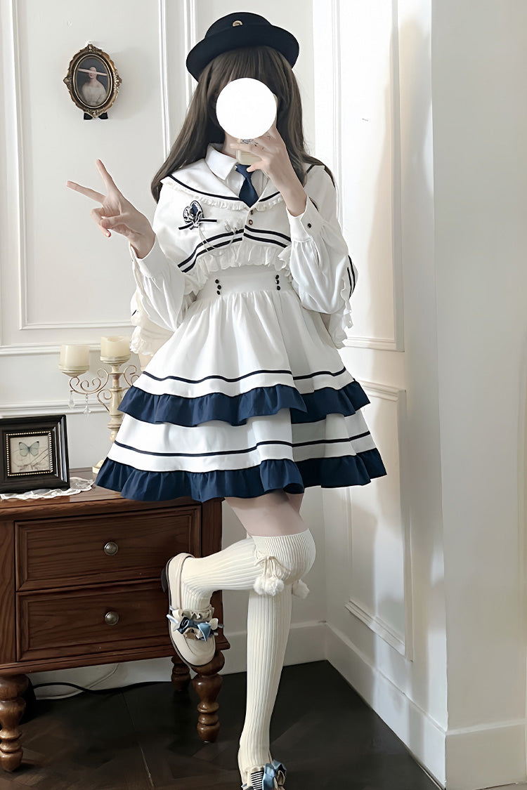 White Long Sleeves Double-Layered Ruffle Sweet College Style Lolita Dress