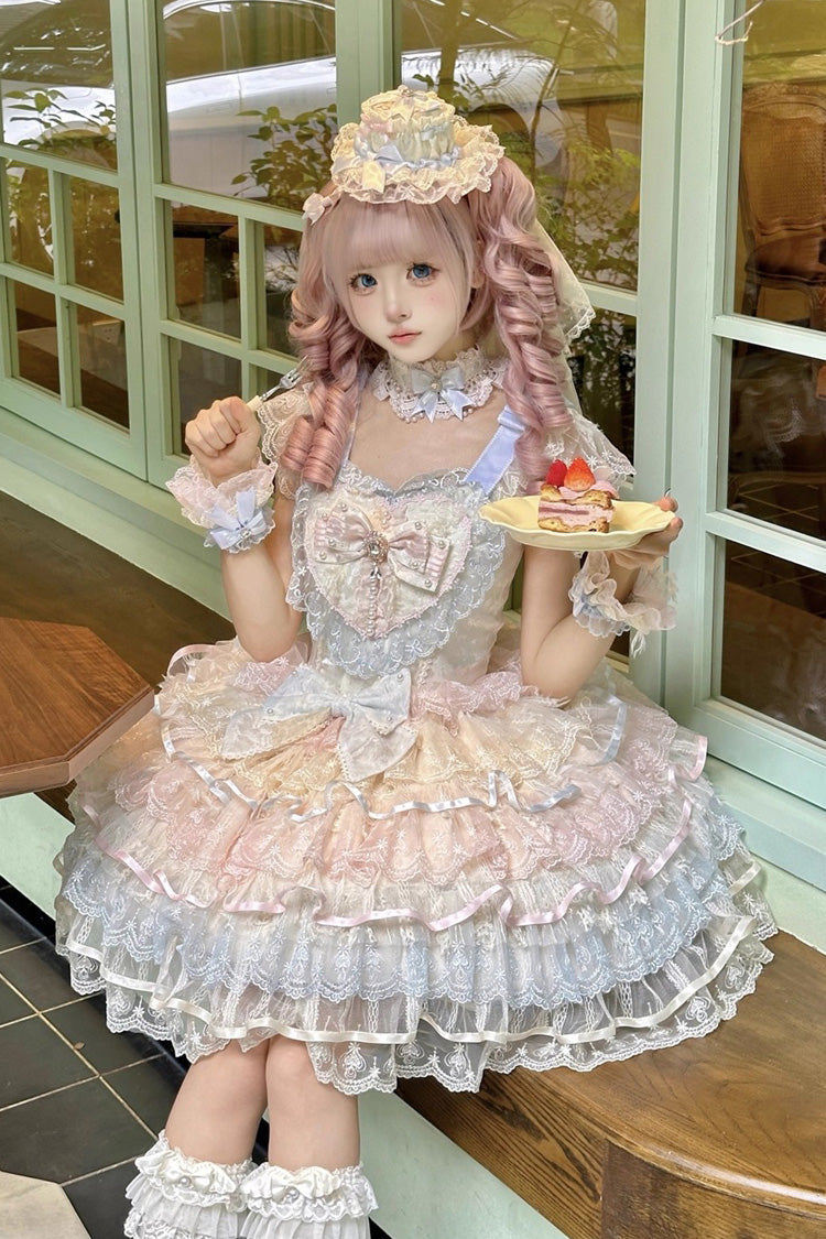 Rainbow Colors Ballad of Feathers Sleeveless Multi-Layered Ruffle Hanayome Bowknot Sweet Lolita Jsk Dress