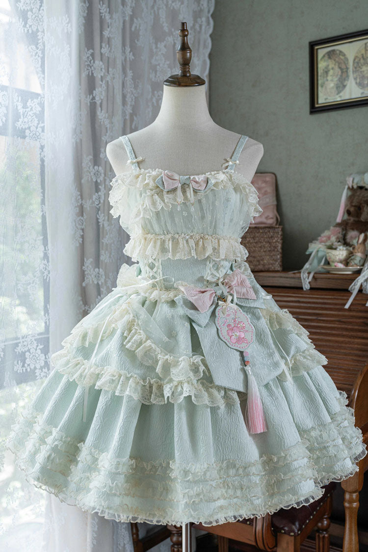 Good Night, Peach Sleeveless Multi-Layered Ruffled Bow Lace Sweet Chinese Style Lolita Jsk Dress 3 Colors