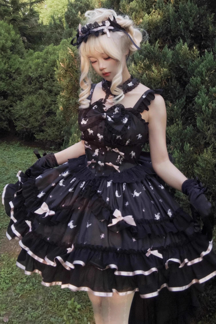 Black Eros Kiss Sleeveless Double-Layered Print Ruffle Bowknot Gothic Elegant Lolita Jsk Dress