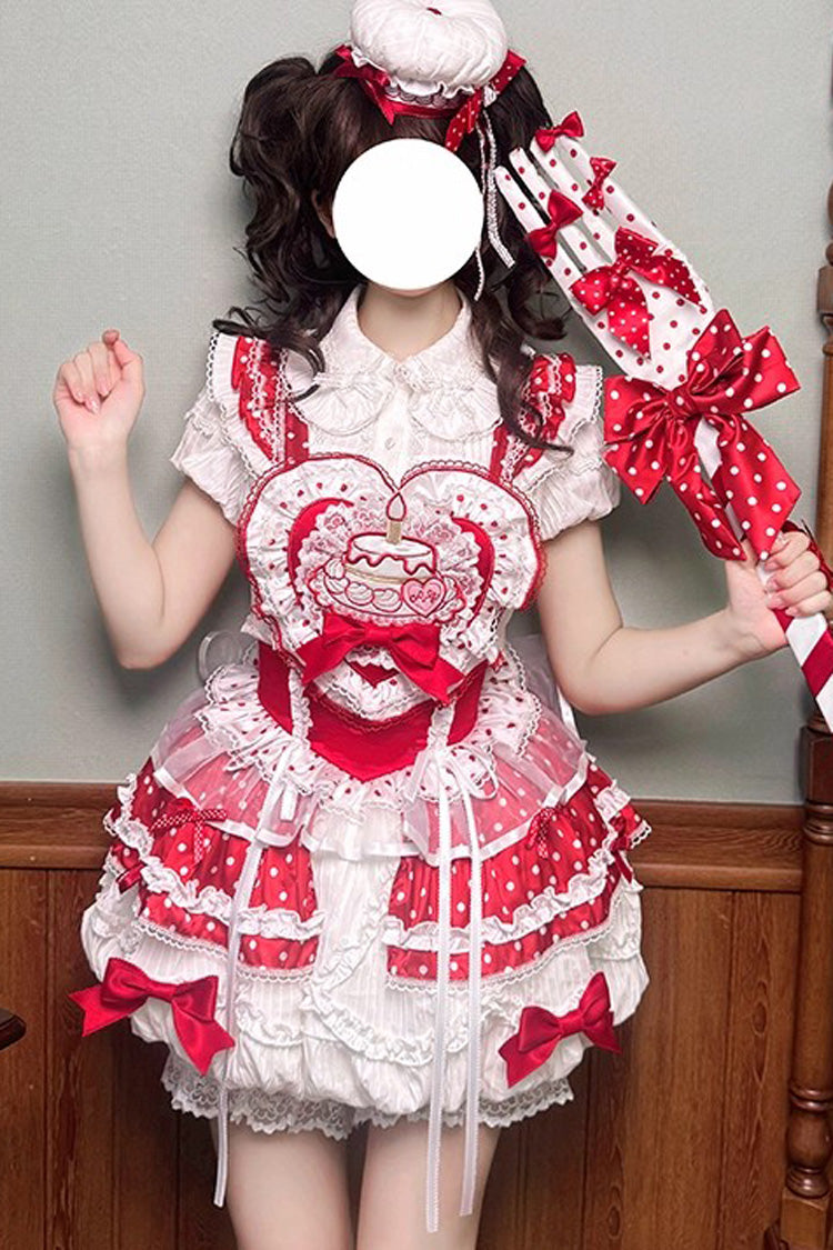 Red/White Twin Bears Birthday Cake Sleeveless Print Ruffle Bowknot Lace Sweet Lolita Small Flower Bud Dress
