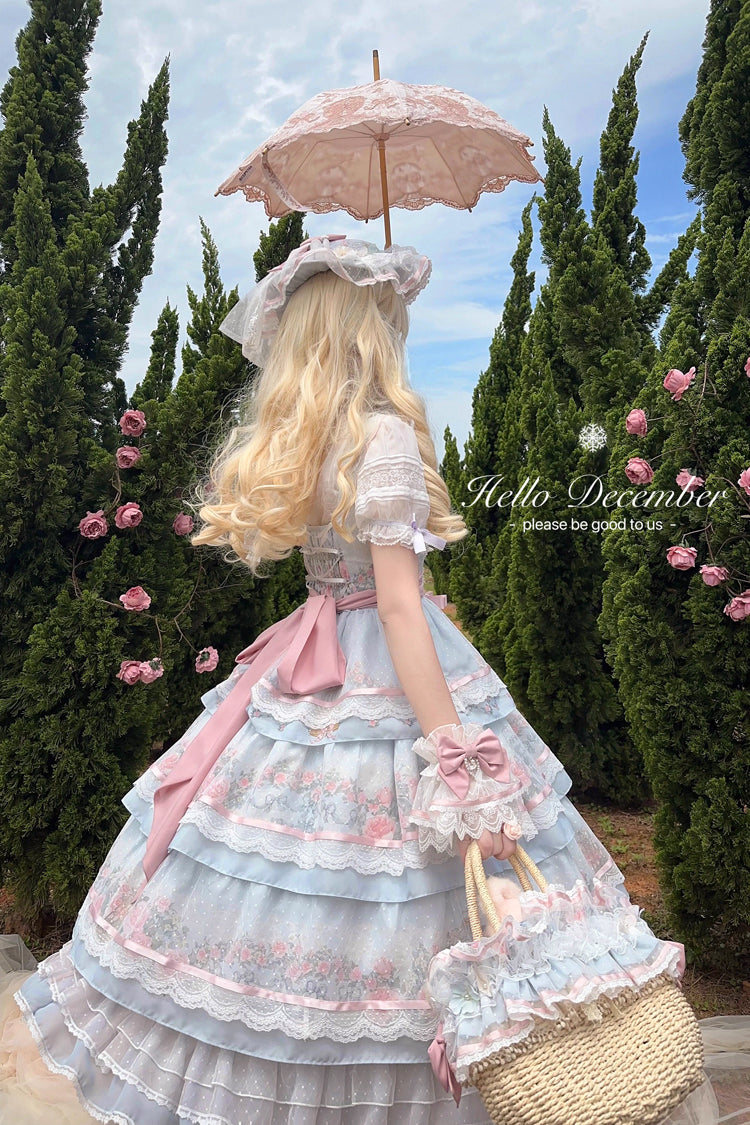 Multi-Color Rose Flower Cage Print Triple-Layered Ruffle Bowknot Sweet Elegant Lolita Jsk Dress